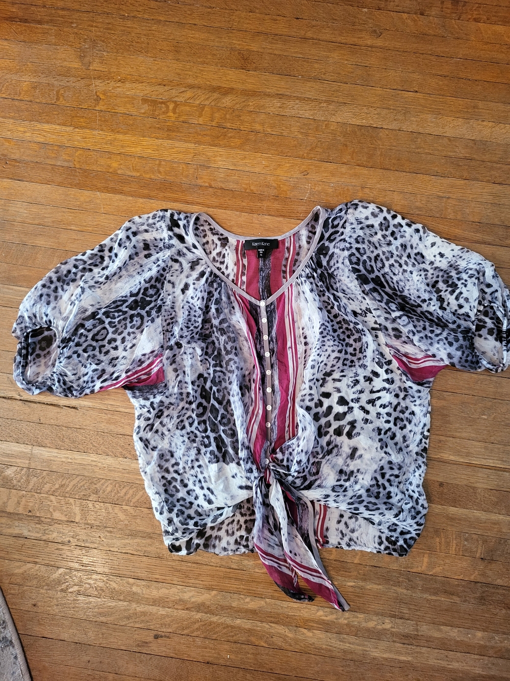 Karen Kane Black & White Leopard Tie-Front Blouse with Pink Stripes
